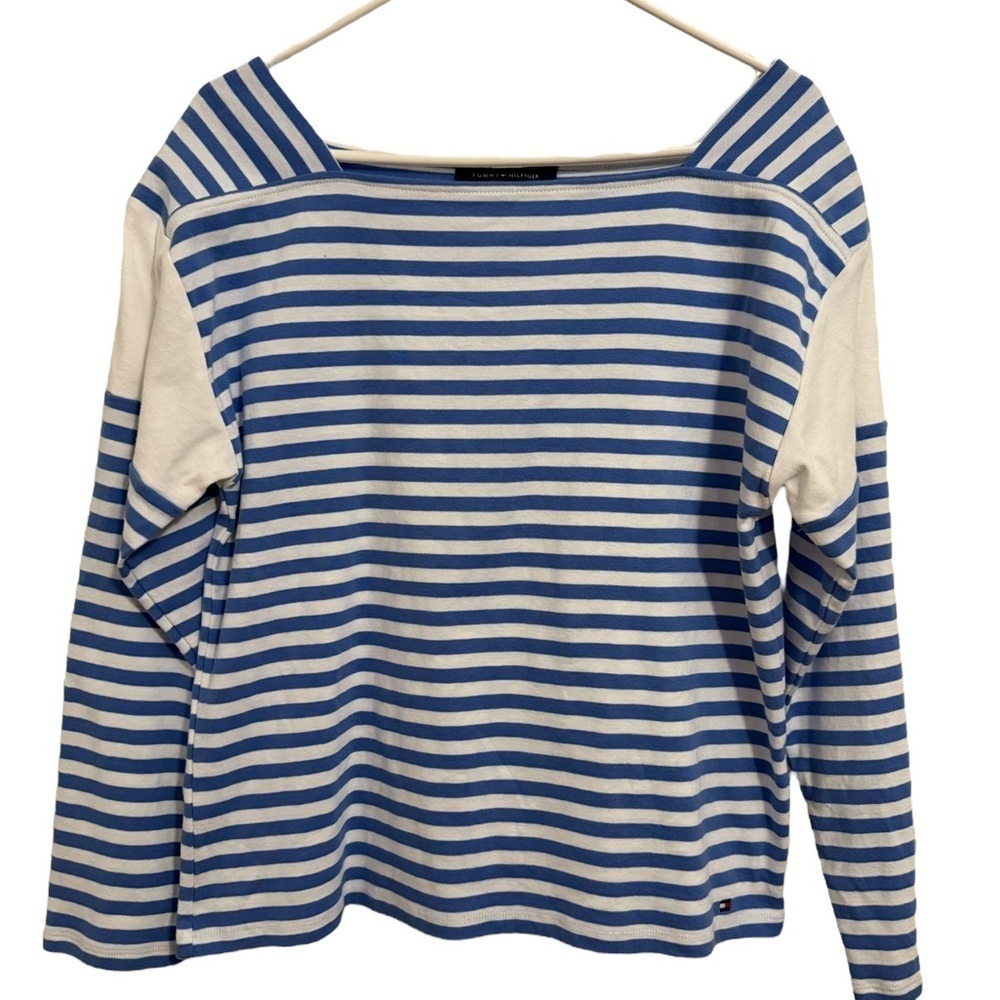 Tommy Hilfiger Blue and White Striped Long Sleeve Shirt Size Large